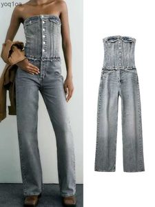 Kobiety Jumpsuits Rompers Traf Off Rame Blue Jean Woman Jesksuit Summer Dżins Skocsuit Kobiet Ruched Women Long Gojusz Streetwear BackSitutl2403