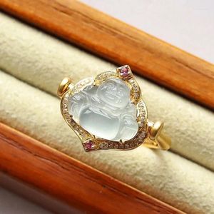 Klaster Pierścienie Silver Inkrustowany Naturalny Jade Chalcedony Budda dla kobiet Dual Curs Pierścień Pierścień Klasyczny chiński styl biżuterii Prezent