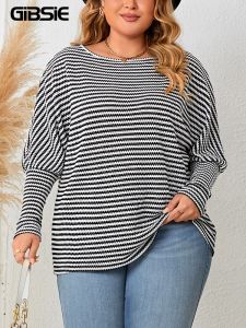 Tops GIBSIE Plus Size Women's Striped Casual TShirts 2023 Fall Fashion Full Raglan Sleeve Female Loose ONeck Tops Tee Woman New