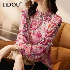 Spring Summer Elegant Fashion Ruffled Floral Print Lantern Long Sleeve Chiffon Shirt Top Ladies Temperament Wild Pullover Blouse 240329