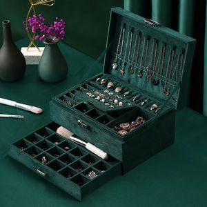 Green 3Layer Flannel Jewelry Organizer Box Necklaces Earrings Rings Display Holder Case for Women Large Capacity With Lock 240309