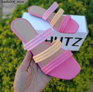 Slippare 2023 Summer Womens Shoes New Square Head Flat Bottom Simple Color Matching Beach Ladies Slippers Large Size Hollow Slides Q240318
