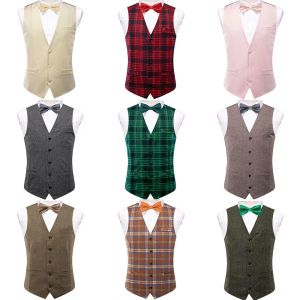 Vests HiTie Plaid Solid Mens Vests With Bowtie Jacquard Plain Waist Coat Jacket Cufflinks Hanky Green Burgundy Mint Beige Pink Grey