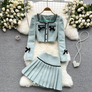 Work Dresses High Quality Fall Winter Tweed Two Piece Set Women Sweet Bowknot Crop Top Jacket Coat Mini Pleated Skirt Suits Ensemble Femme