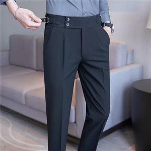 High Waist Suit Pants 남자 바지 2024 가을 영국 스타일 스트레치 슬림 팬탈론 Hombre 솔리드 캐주얼 드레스 바지 남성 의류 240318