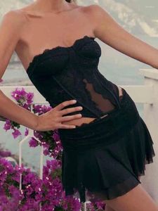 İş Elbiseleri Nidanssi Siyah Straplez Dantel Seksi İki Parçalı Set 2024 Fırfır Top Uzun Etek Kadınlar Zarif Akşam Partisi 2