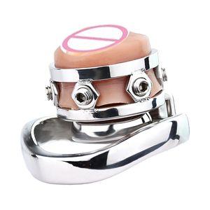 Male Stainless Steel Chastity cage Lock with Spikes Simulated Silicone Pink Vagina, Male Disguised as Female, Penis Cage Cock Ring
