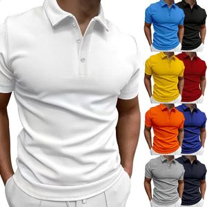 Summer mens solid color short sleeved polo shirt casual slim fit lapel button top 240318