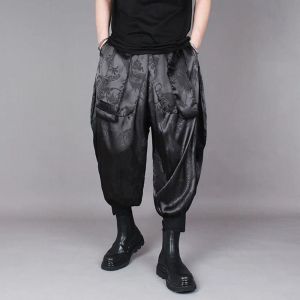 Pantolon Erkekler Japon büyük kasık tozluk pantolonlar Sonbahar Trend Dragon Baskı çok yönlü sokak rahat gevşek rahat saten pantolon