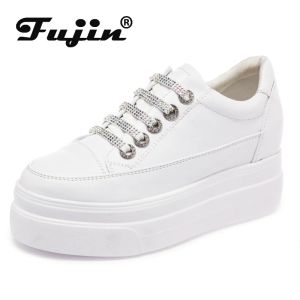 Botas Fujin 8cm plataforma cunha tênis feminino sapatos de couro genuíno bling bling renda de sapatos brancos sapatos calçados de verão outono