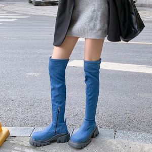 Stiefel Marke Denim Frau Oberschenkel High Stiefel Plattform über den Kniestiefeln Square Zeh Lange Frau Stiefel Herbst Winterseite Reißverschluss Schuhe