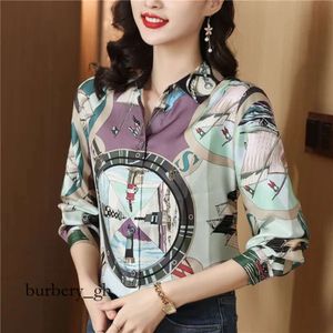 Beige Satin Chain Print Shirt for Women Lapel Ribbon Bow Autumn Winter Designer Blouses 2023 Office Ladies Chic Long 778