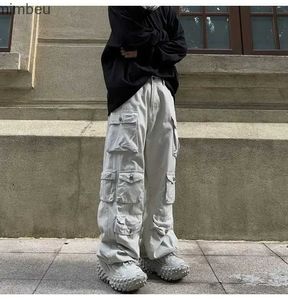 Dżinsy damskie harajuku retro solidne multi kieszeni spodni ładunkowy nóg funkcjonalne spodnie wysokiej talii styl hip-hop proste spodnie kobiety Jeansc24318