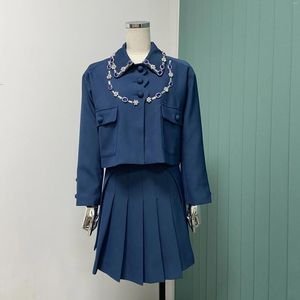 Vestidos de trabalho outono 2024 meninas retro alta doce vento fresco frisado de manga comprida faculdade casaco curto jk saia plissada