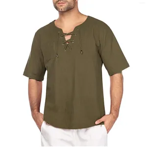Homens camisetas Linho para homens algodão sólido solto camisa de manga curta rendas até tees v pescoço túnica medieval camisa de hombre