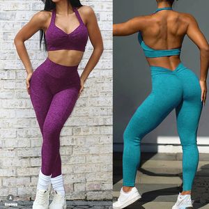 12PCS V Back Lycra Pad Pocket Halter Sport Bra Yoga Set Squat Proof Scrunch Legging Workout Pant Gym Fitness Active Suits 240307