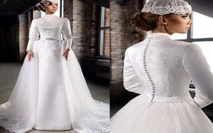 Modest Satin A Line Muslim Wedding Dresses High Neck Satin Long Sleeves Lace Applique Beaded Bridal Gowns With Tulle Detachable Tr9457780