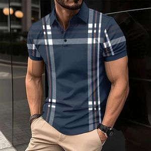 Modne pasiaste męskie koszulki polo Series Summer krótkie rękawowe Top Business Casual Clothing Button Up Zipper Mens Polo Shirt 240318