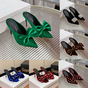 Women's Sandals 9.5cm Stiletto Heels Slides Slippers Shallow Designer Mules Luxury Brand Satin Velvet Half Slippers Bow Knot Pearl Dress Shoe Elegance Women's Shoes