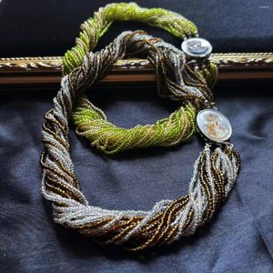 Anhänger-Halsketten im italienischen Stil, Retro-elegantes Glas, kaffeefarben, olivgrün, gemischte Farbe mit Muschel-Reisperlen-Halskette