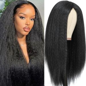 Perucas 1230 polegadas kinky reta perucas cor natural yaki em linha reta peruca de cabelo sintético barato perucas para preto feminino completo máquina feita perucas