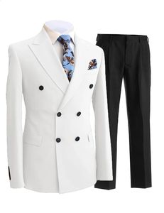 2 adet beyefendi çift göğüslü yakalı yakalı blazer erkek takım elbise pantolonlu resmi beyaz bej ceket düğün damat smokin 240311