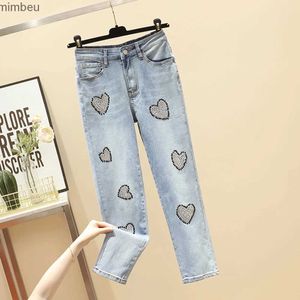Kvinnors jeans utsökta Rhin pärlstav persikhjärta jeans för kvinnor hög midja bantning stretch denim byxor famale 2022 ny vårkläderc24318