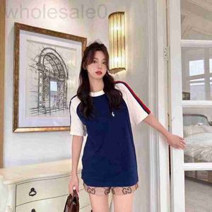 女性用Tシャツデザイナー2024春/夏新しいG-Home American Style Contrast Corond Colored Spliced Blue Round Neck Pullover短袖Tシャツ、ユニセックストレンディ699G