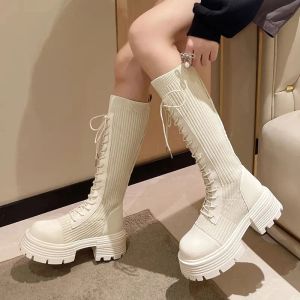 Stövlar 2023 Autumn Winter Platform Chunky Long Boots Kvinnor Tjock Soled Stretch Knee High Boots Woman Sock Shoes Botas Mujer