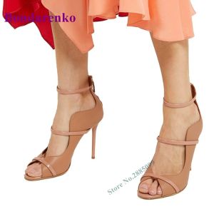 Pumps Peep Toe Nude Hollow Ankle Pumps Female Wedding Shoe Thin High Heel Solid Straps Pumps Summer Spring Party Dress Zipper