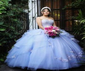 간단한 라벤더 레이스 구슬 Quinceanera 댄스 파티 드레스 볼 가운 얇은 명주 그릇 싼 이브닝 파티 달콤한 16 드레스 ZJ1113215723