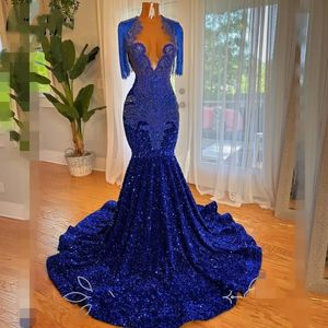 Blue Prom fantastiska klänningar för svarta flickor 2024 Sheer Neck Crystal Sequin Mermaid Birthday Party Gowns Robe de Bal