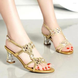 Sandals Rhinestone High Heels Open Toe Fashion Shoes Summer Women's Diamond Fairy Mid Heel Beach Roman
