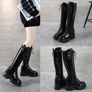 Stiefel Plattform Schwarze Schuhe Frauen echte Lederknie -Hochstiefel für Winter Front Verband hohe Stiefel Velvet Fell warme Schneestiefs Lady Lady