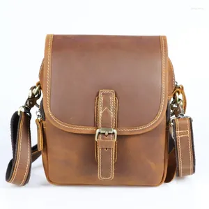 Saco de ombro masculino vertical couro genuíno capa tampa retro primeira camada bolsa de couro cavalo louco