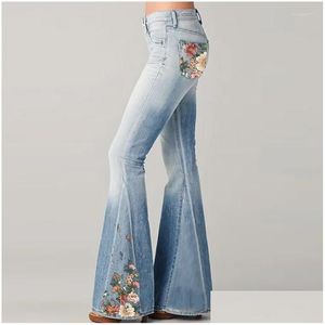 Mulheres jeans cintura alta calças azuis 2023 moda bordado sino bot streetwear primavera verão senhora gota entrega vestuário roupas otf7y