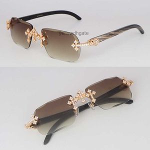 Luxury Moissanite Diamond Set Rimless Sunglasses Womans Big Stones Diamond Sun Glasses White äkta Natural Horn Limited Edition Solglasögon Män