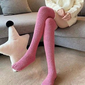 Women Socks Plus Velvet Thick Warm Knee Elastic Cotton Thigh High Stockings For Ladies Winter Coral Stocking