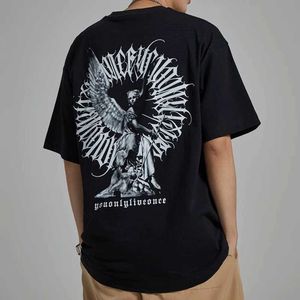 Homens camisetas Rua Chicano Hip-hop T-shirt de manga curta Verão Virgem Maria Tatuagem Anjo Impressão Redondo Pescoço Algodão Solto Top Mens Roupas J240316