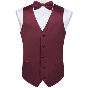 Vests Burgundy Red Solid Silk Men Suit Vest Pretied Bow Tie Set Wedding Party Formal Tuxedo Male Blazer Waistcoat Business Party Vest