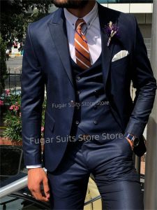 Suits Business Navy Blue Anzüge für Männer Slim Fit Peak Revers Bräutigam Prom Tuxedos 3 Stück Sets Office Work Männliche Blazer Trajes de Hombre