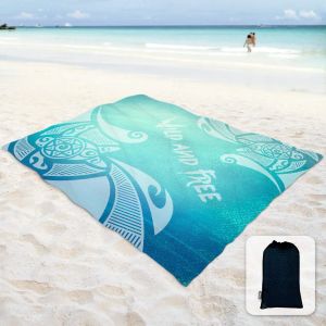 Mat ipeksi yumuşak kum geçirmez plaj battaniye kum geçirmez mat köşe cepli ve seyahat kampı mavi kaplumbağası desen için örgü çanta