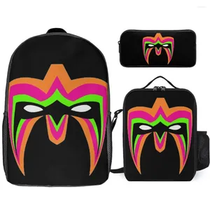 Plecak 3 w 1 zestaw 17 -calowy lunch worka na lunch Pen Ultimate Warrior Mask Pro Wrestling Fanart Tribut Trasting Field Pack Cozy School