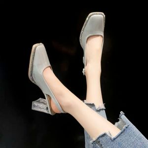 Stivali Fanchu 2022 Donne sandali ad alto tacco, scarpe estive in cristallo di strass, punta quadrata, cinturino alla caviglia, nero, grigio, beige, dropship