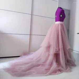 Saias impressionante rosa longo tule com trem ruched tutu casamento nupcial imagem real maxi saia feita sob encomenda