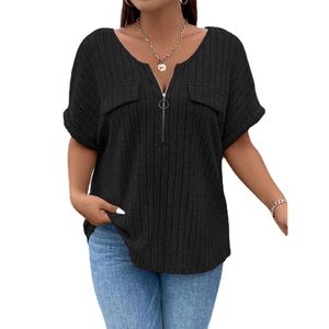 Women Plus Size Shirts Casual Loose Zip Front Sexy V Neck Short Sleeve Pullover Blouses Tee Top