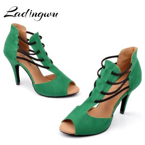 Stövlar Ladingwu Autumn and Winter Dance Boots Woman's Latin Dance Shoes Green Flannel Soft Bottom Ballroom Shoes Dance Salsa Shoes