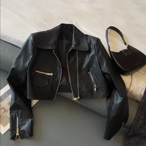 Women's Leather Faux Jacket Women Motorcycle Cropped Short Tops Double Zipper Long Sleeve Y2k Clothing Pu Coat Streetwear