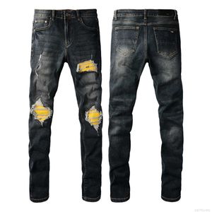 Herr jeans amerikansk stil high street nödställd gul patch live sändning blå klassisk sträcka