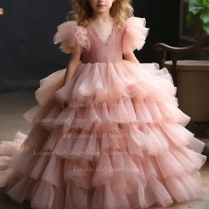 Платья для девочек, розовое бальное платье из тюля на заказ с V-образным вырезом, многоуровневое платье с короткими рукавами и цветком для свадебного причастия, пышная юбка FL4-4,4